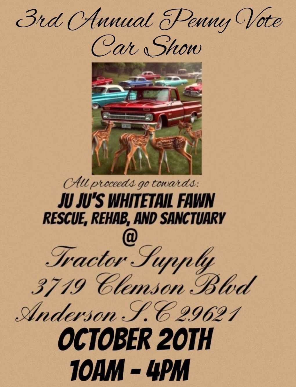 3rd Annual Carshow Presented by: Tractor Supply for Juju's Whitetail Rehab