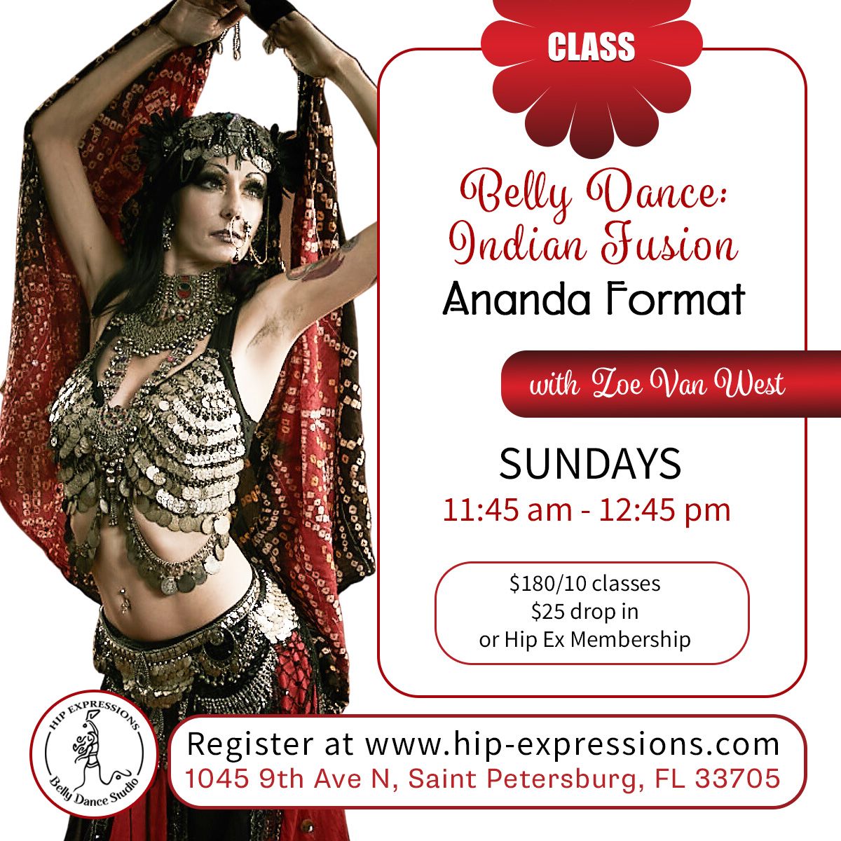 Belly Dance: Indian Fusion  Ananda Format with Zoe Van West | Sundays at 11:45 am | Hip Expressions