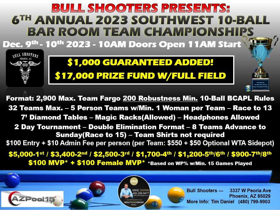 6th Annual 10 Ball Bar Room Championship @ Bull Shooters-Phoenix, AZ
