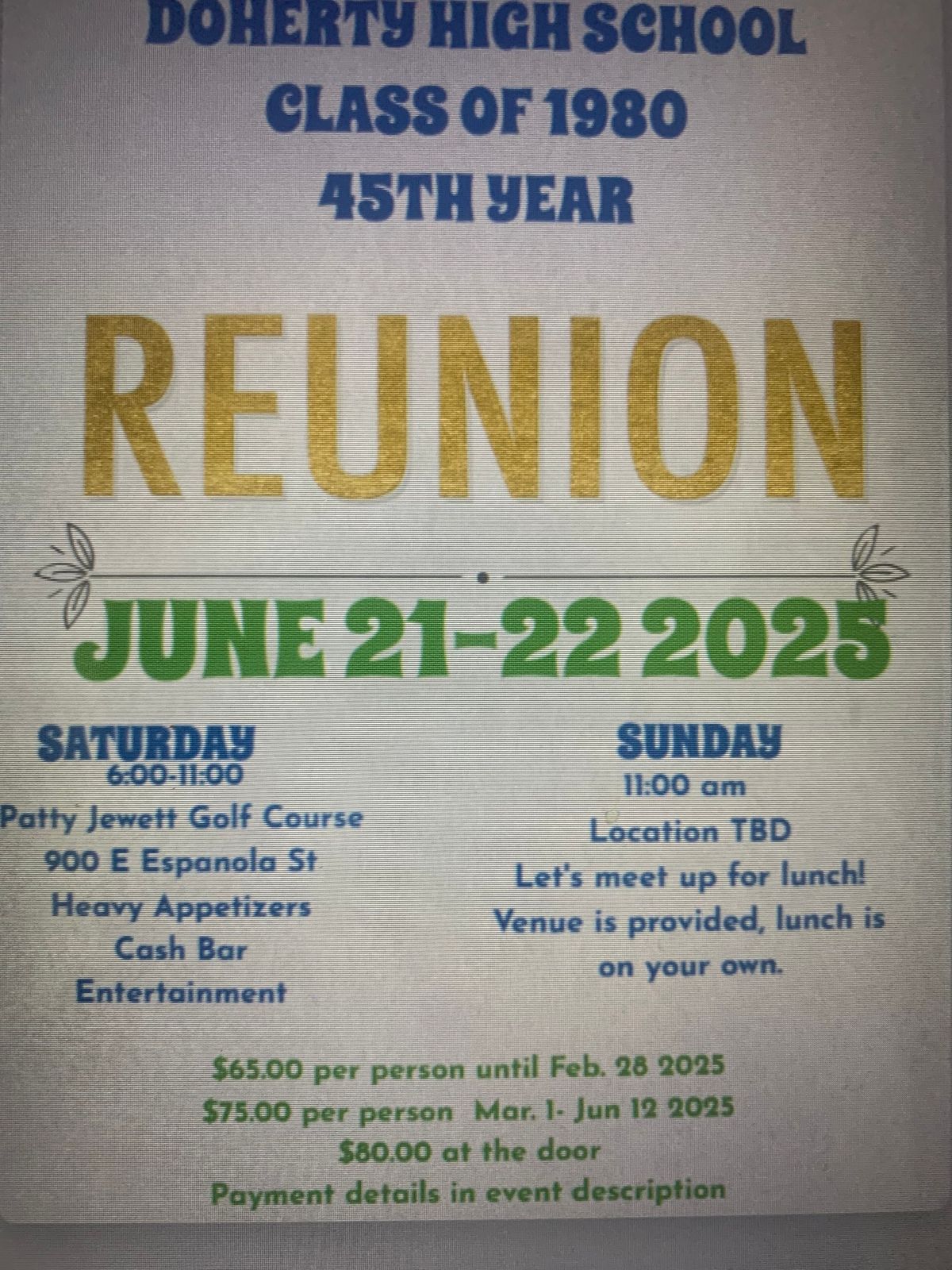 DOHERTY HIGH SCHOOL CLASS OF 1980 45TH REUNION