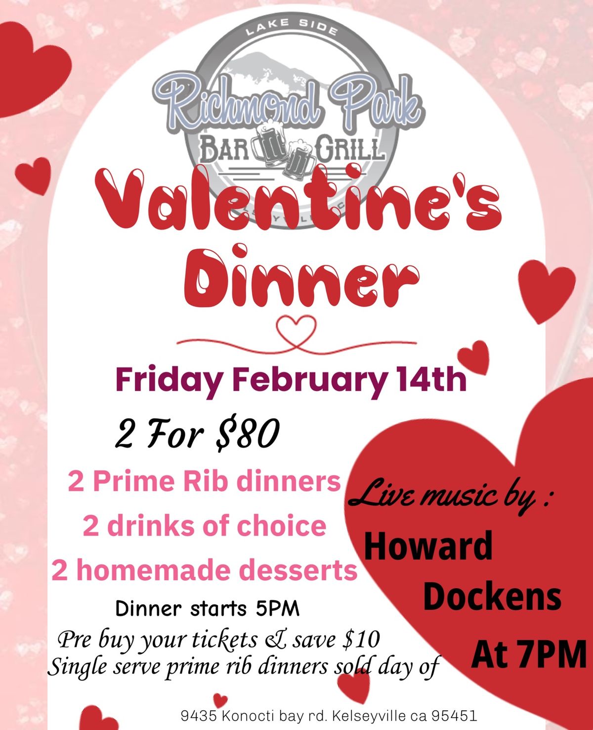 Valentines dinner & live music by Howard Dockens