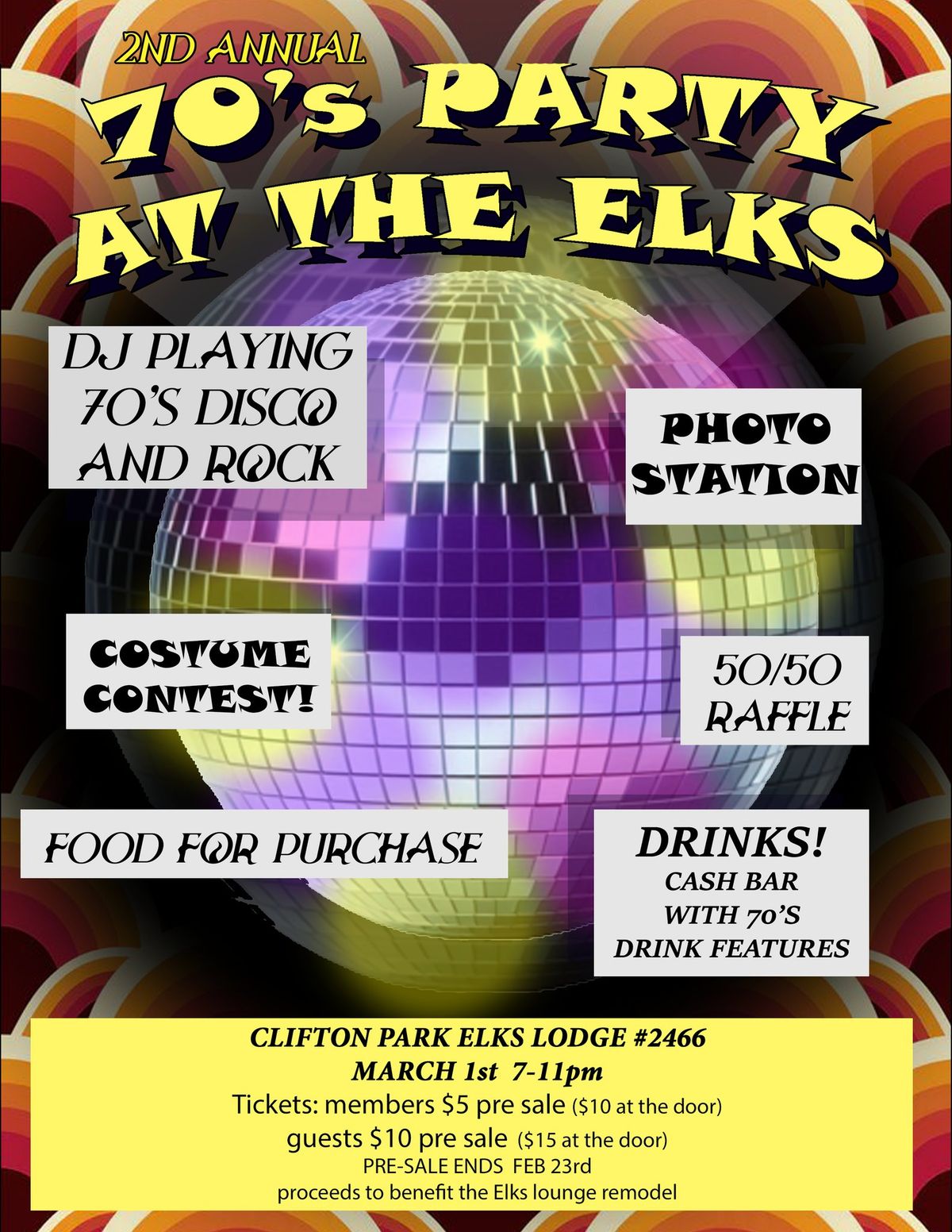 Clifton Park Elks 2nd Annual 70's Party!!!