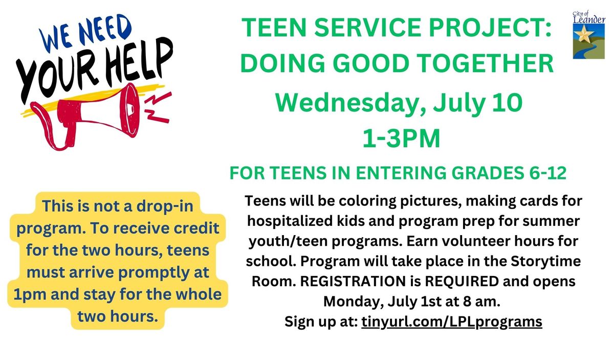 Teen Service Project Program (Pre-registration REQUIRED)