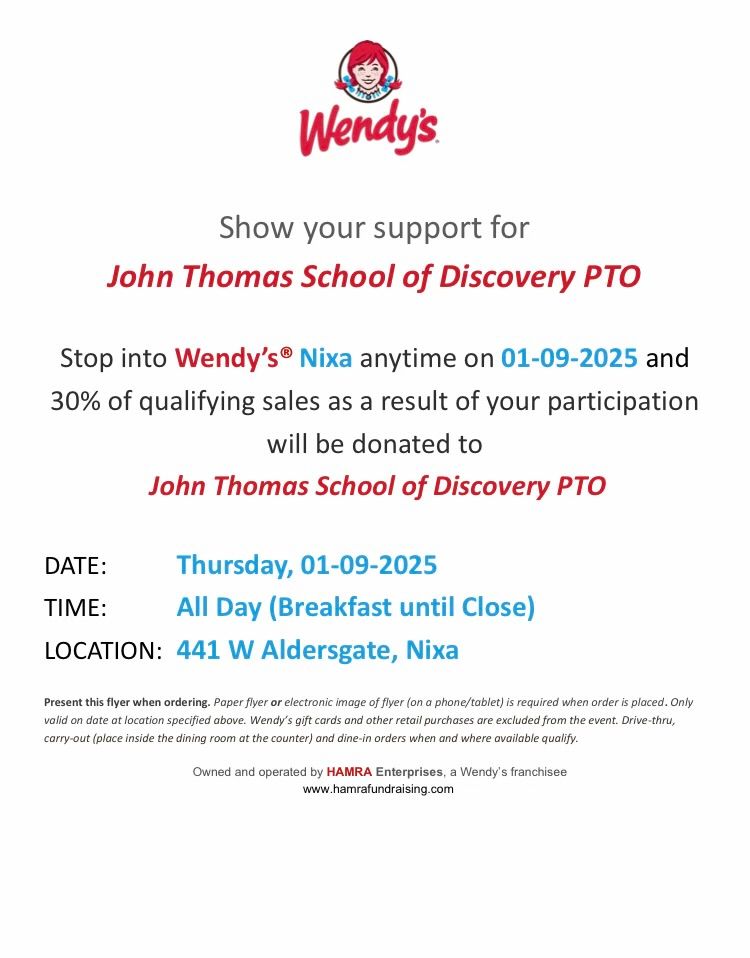 JTSD Wendy\u2019s Fundraising Day