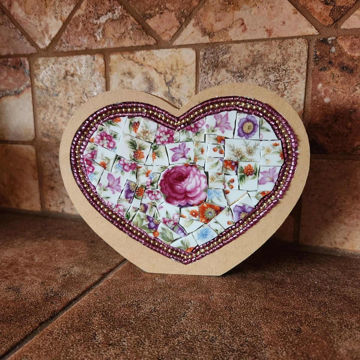 Vintage China Mosaic Heart - choice of stand or hanger