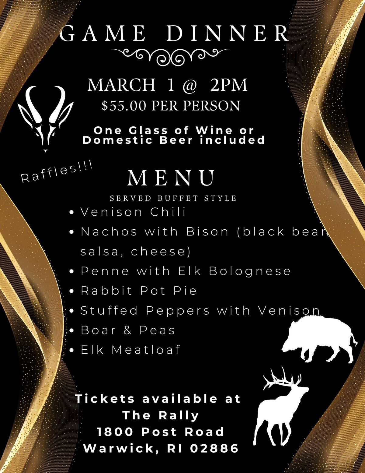 Wild Game Dinner! 7 Entrees! Free Glass of Beer or Wine!