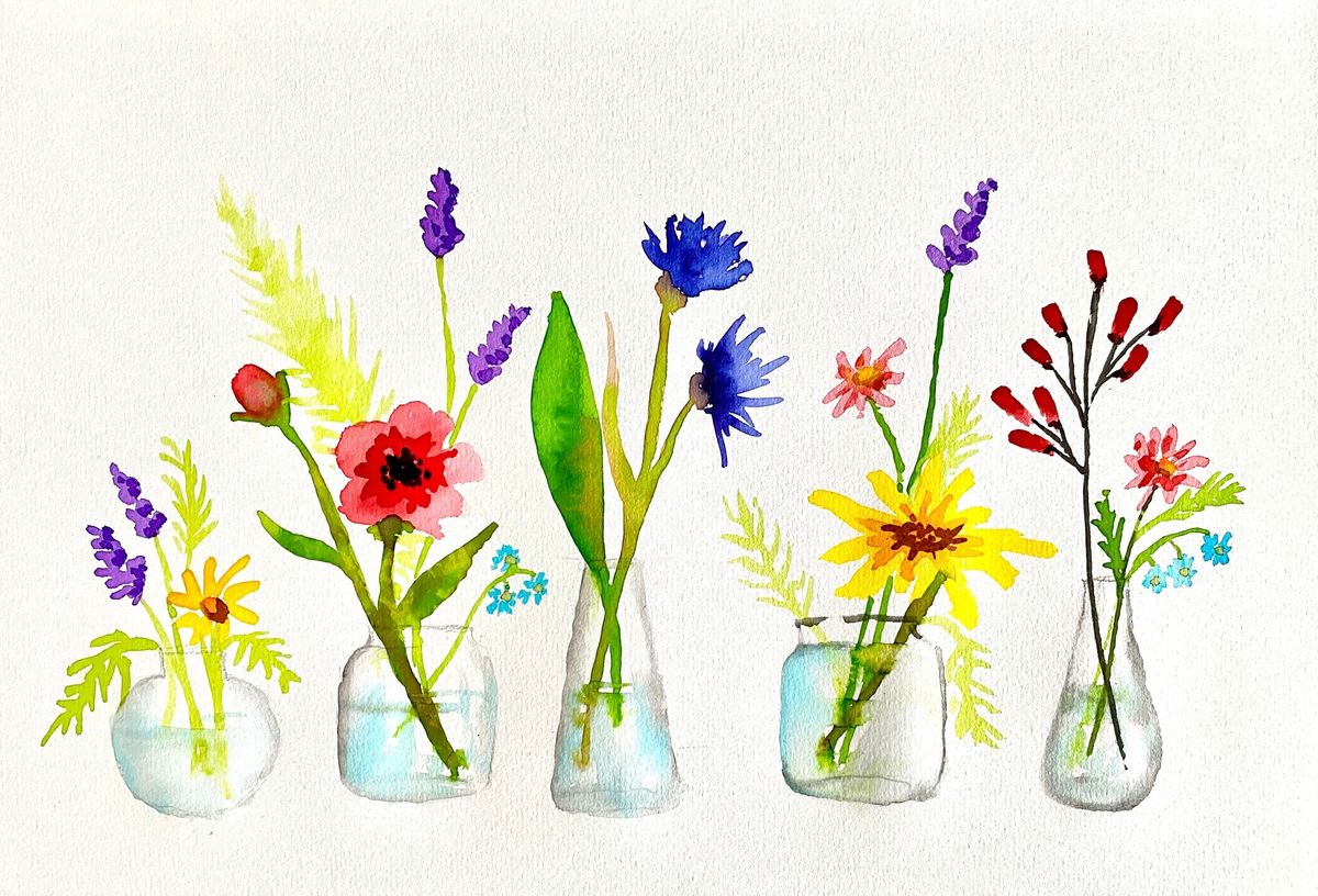 Watercolour and Wine Night in Cambridge - Wildflowers in Vases