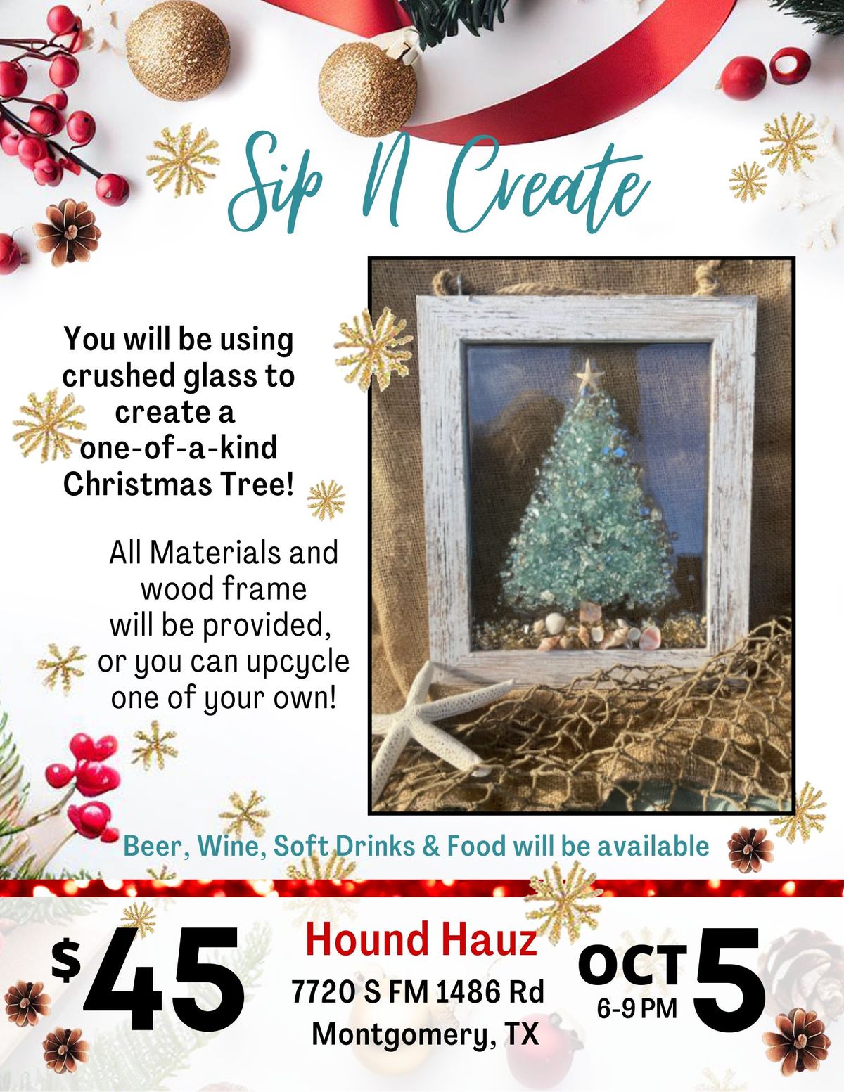 Sip N Create - Let's Get Festive, Crushed Glass Christmas Trees at Hound Hauz