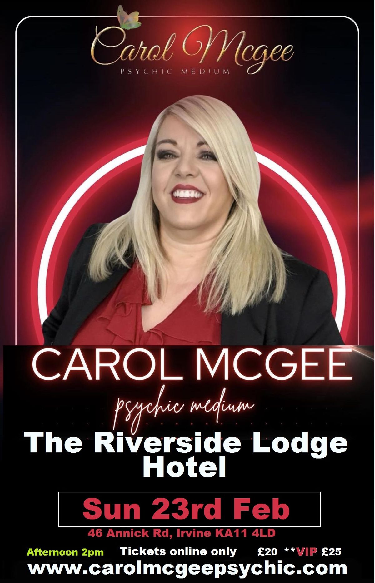 Carol McGee psychic... afternoon live in Irvine. Riverside Lodge