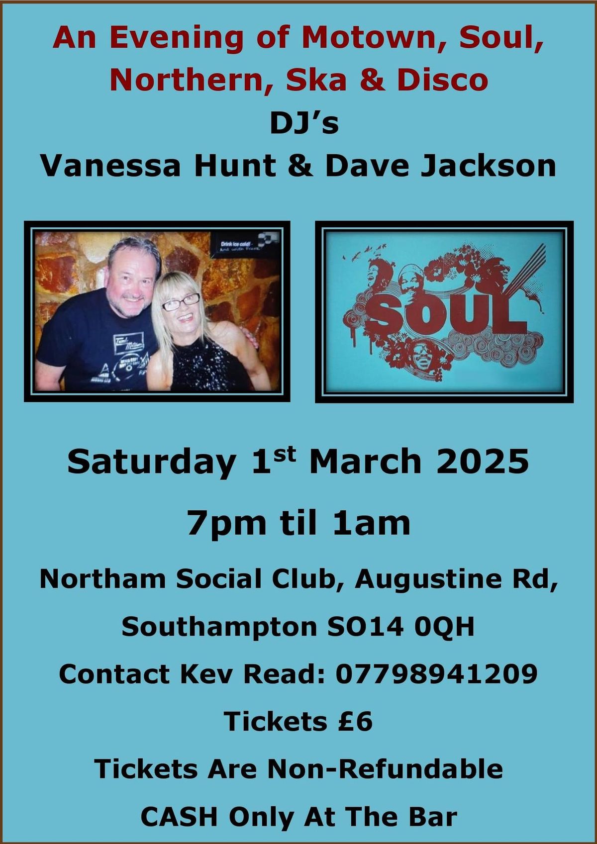 An Evening of Motown, Soul, Northern, Ska & Disco  DJ\u2019s  Vanessa Hunt & Dave Jackson Tickets \u00a36