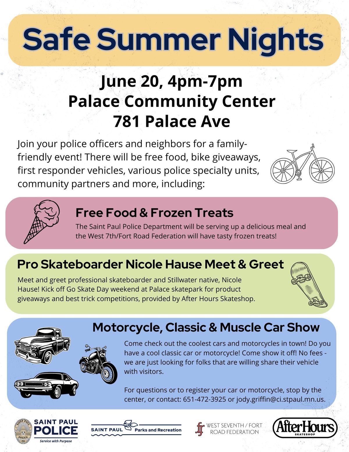 Safe Summer Nights & Motorcycle, Classic & Muscle Car Show (Palace Rec Center)