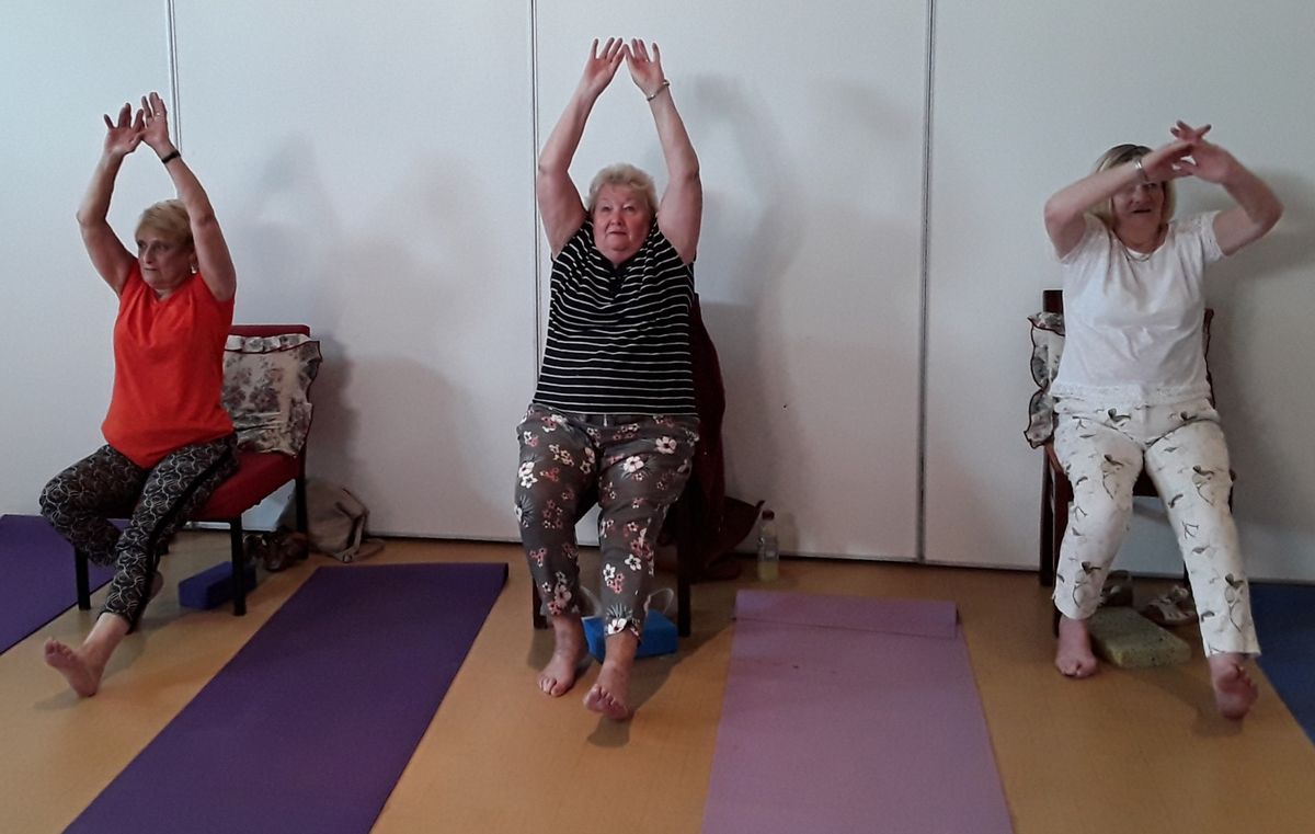 Chair based yoga  moves, and hand-eye co-ordination games. 