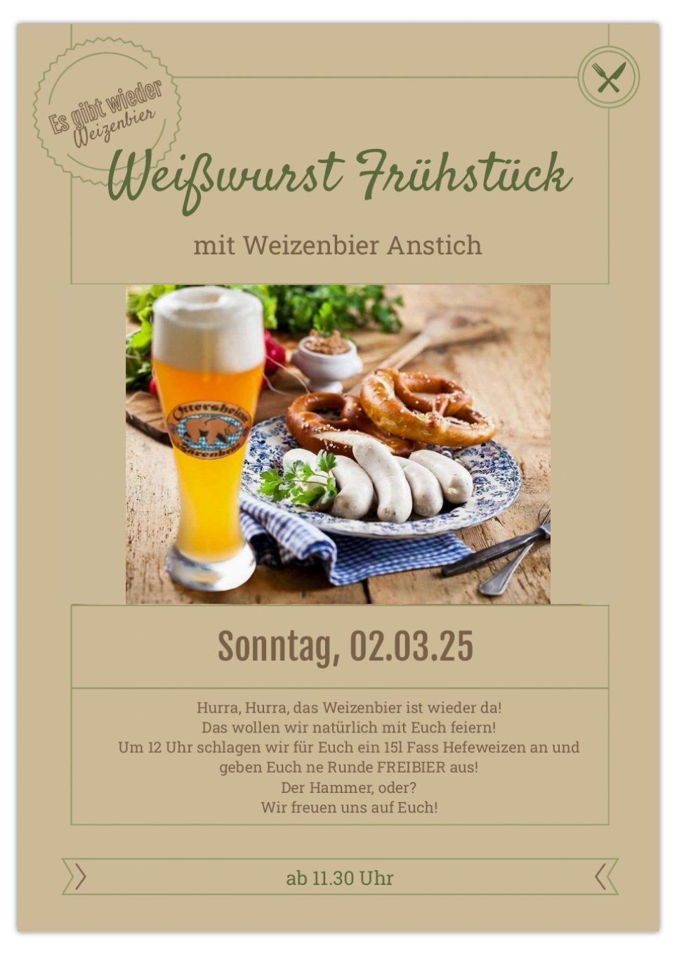 Wei\u00dfwurst Fr\u00fchst\u00fcck mit Weizenbier Anstich