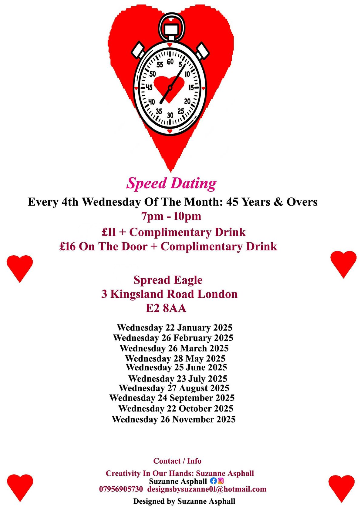 Speed Dating. Every 4th Wednesday of the month: 45 years &amp; Overs.