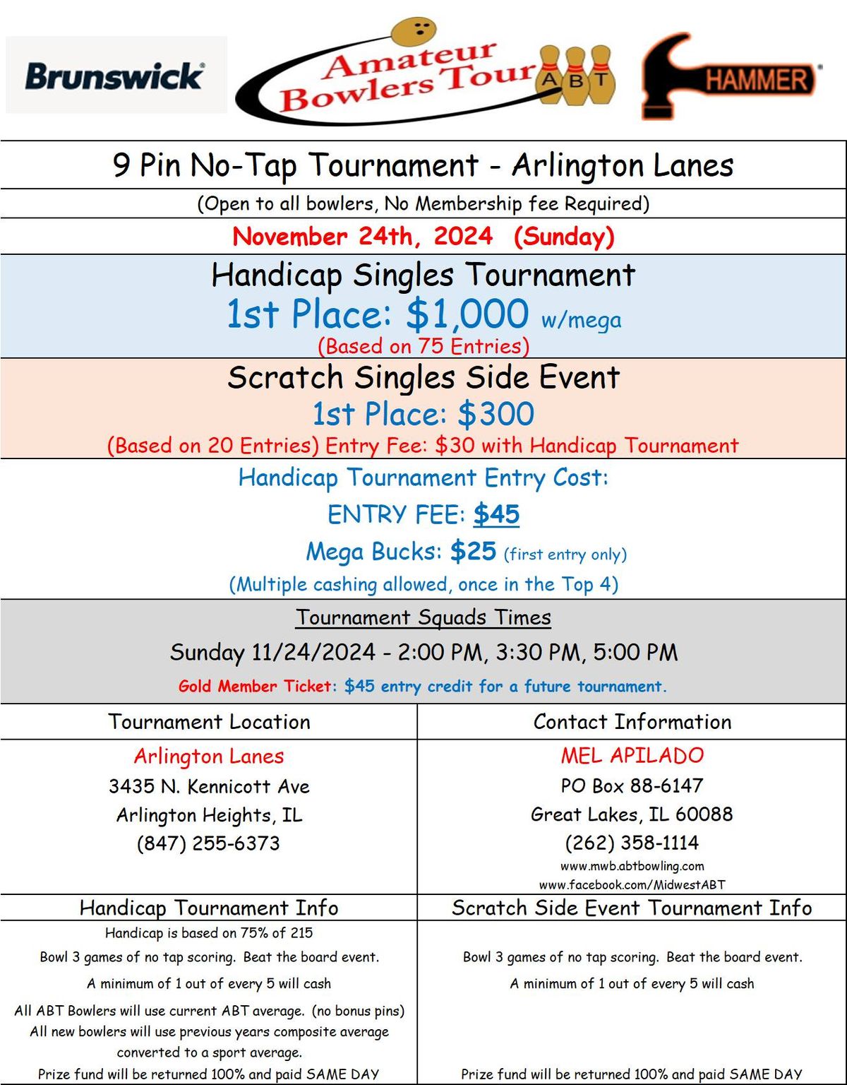 Arlington Lanes, No-Tap $1K, November 24 (Sun)