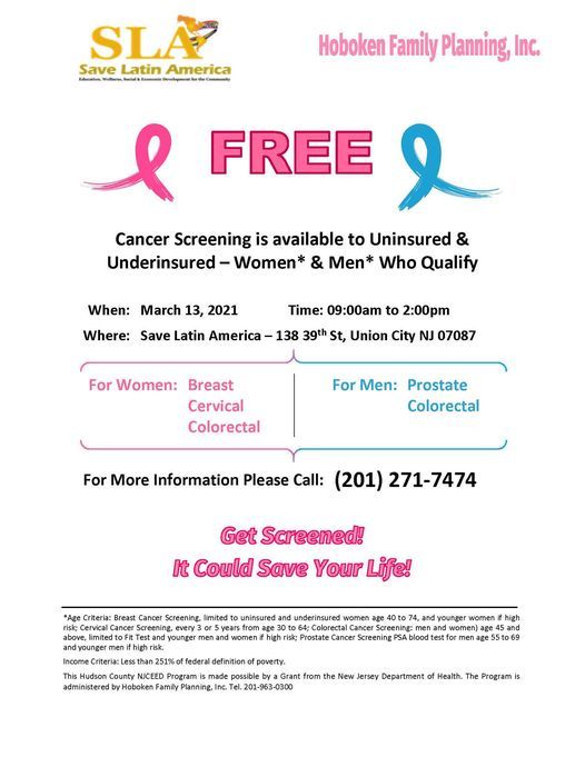 Free Cancer Screening in Person 201.271.7474