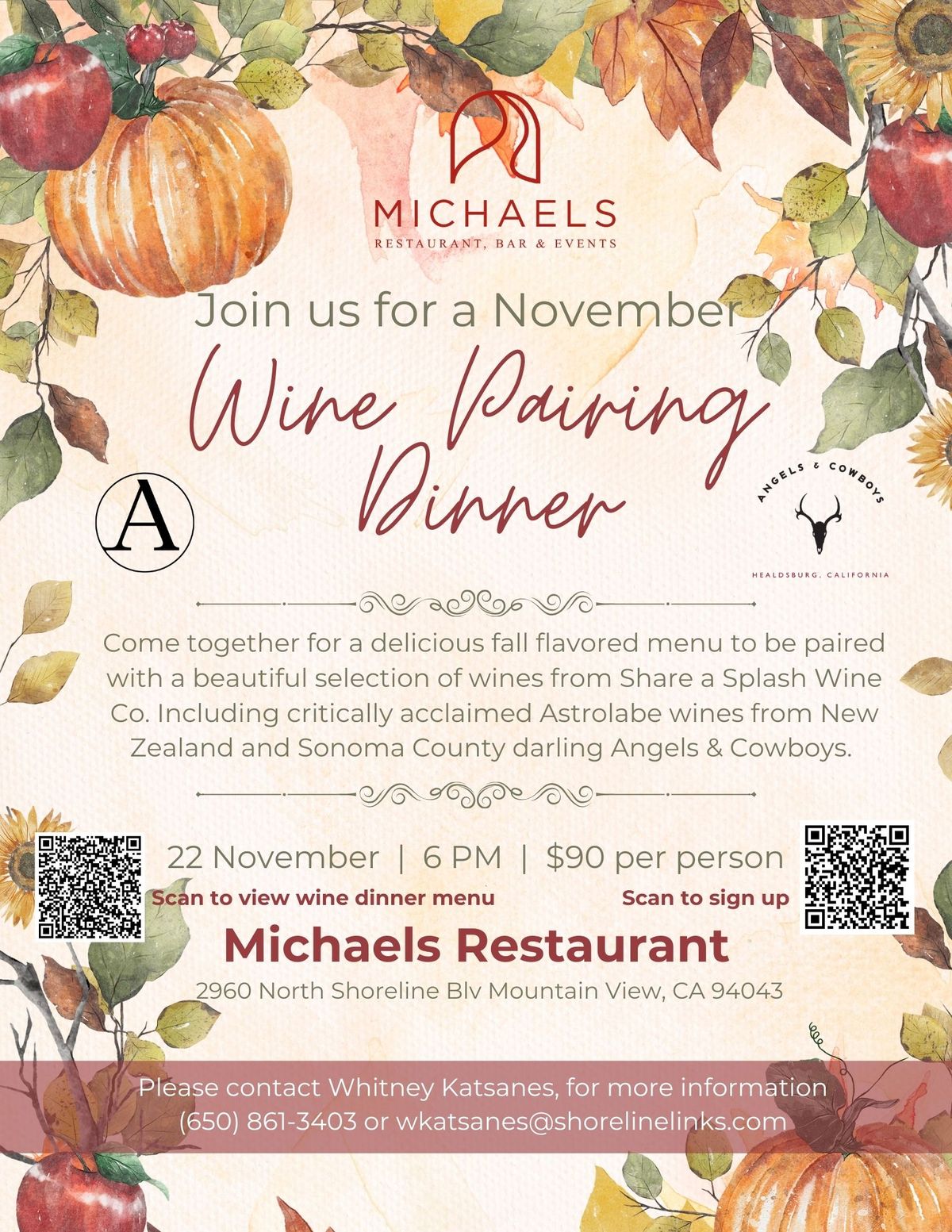 Fall Wine Pairing Dinner at Michaels Restaurant 