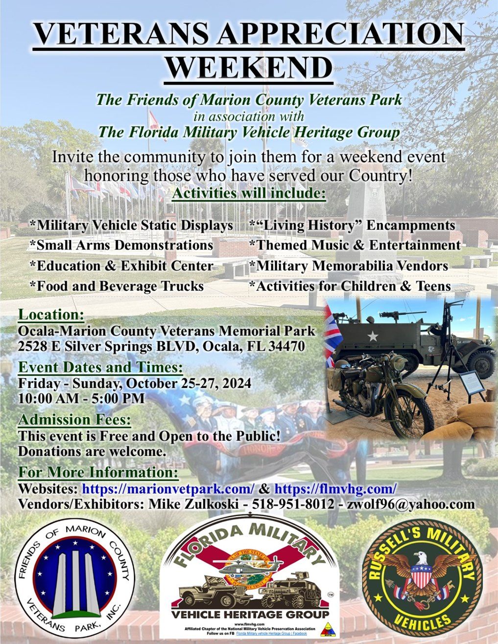 Veterans Appreciation Weekend Hosted by Friends of the Marion County Veterans Park & FLMVHG