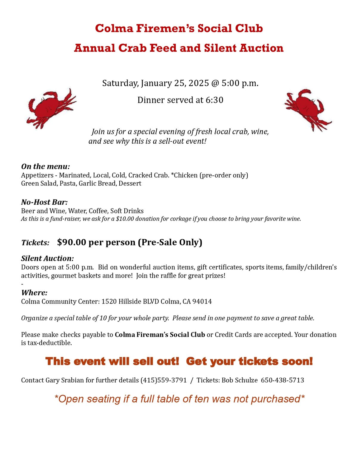 Colma Firemen\u2019s Social Club Annual Crab Feed and Silent Auction