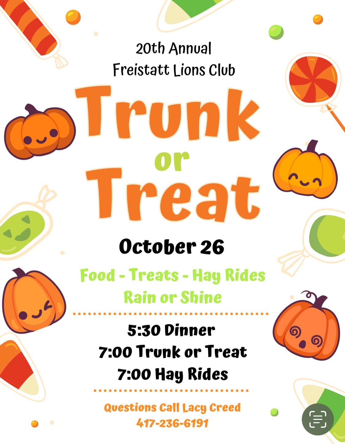 20th Annual Freistatt Lions Club Trunk or Treat