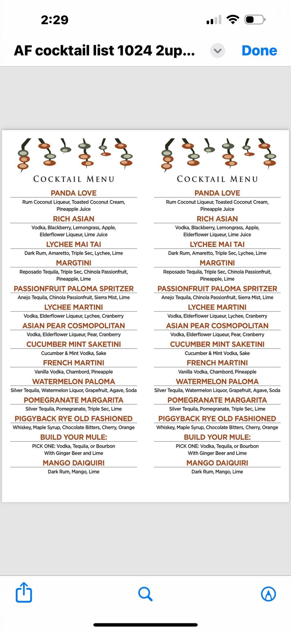 New Martini Menu Sample Tasting