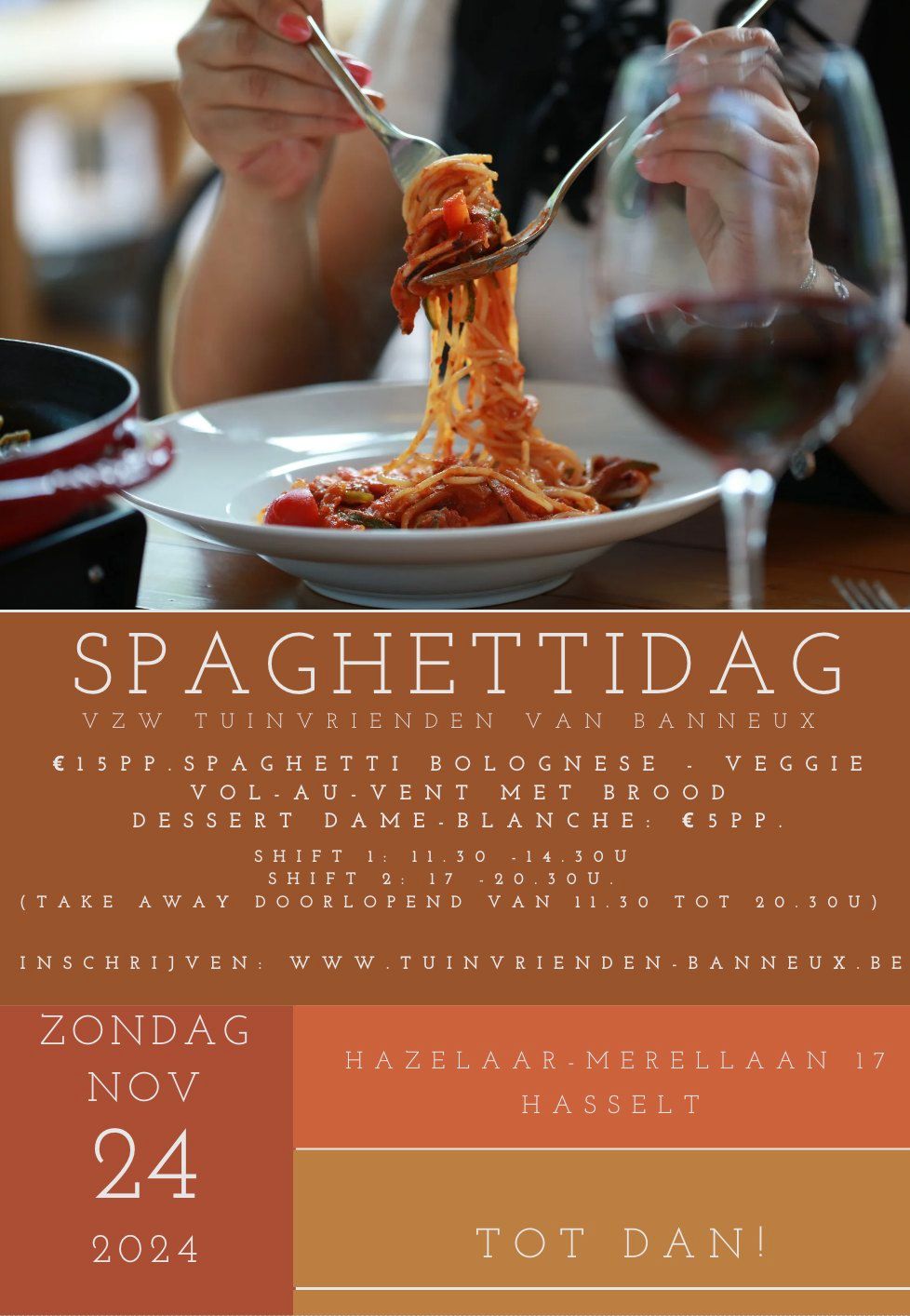 Spaghettidag Tuinvrienden van Banneux zondag 24 nov. 2024