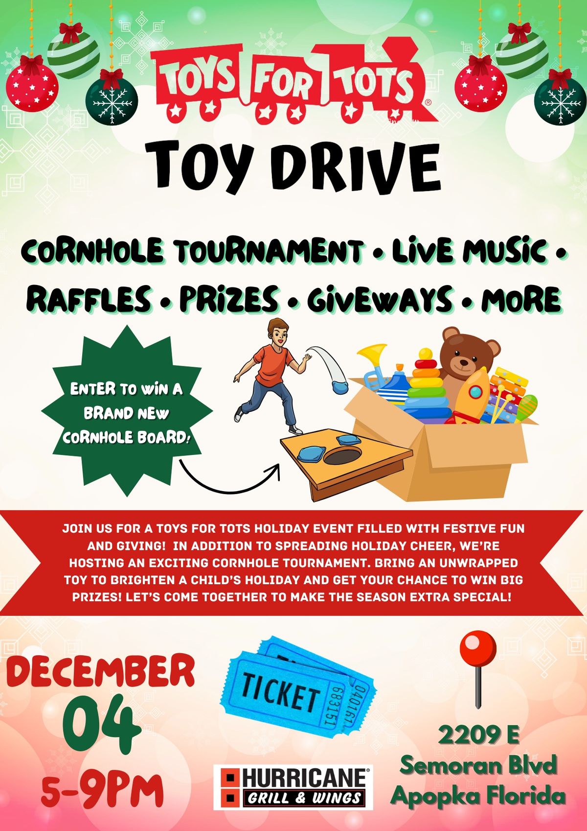 Toys For Tots Toy Drive & Cornhole Tournament 