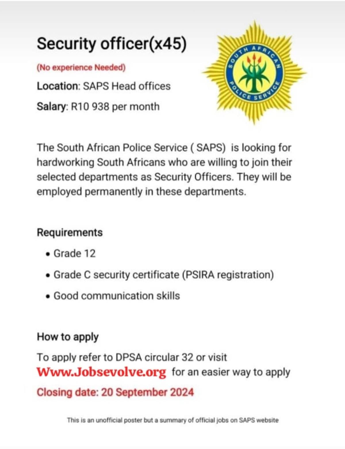 SAPS Security Officer Hiring Event