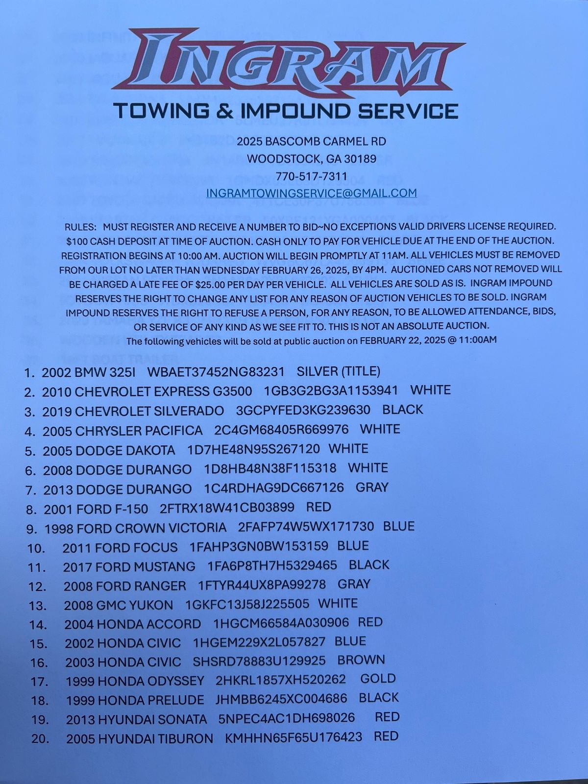 PUBLIC AUTO AUCTION - INGRAM TOWING AND IMPOUND SERVICE