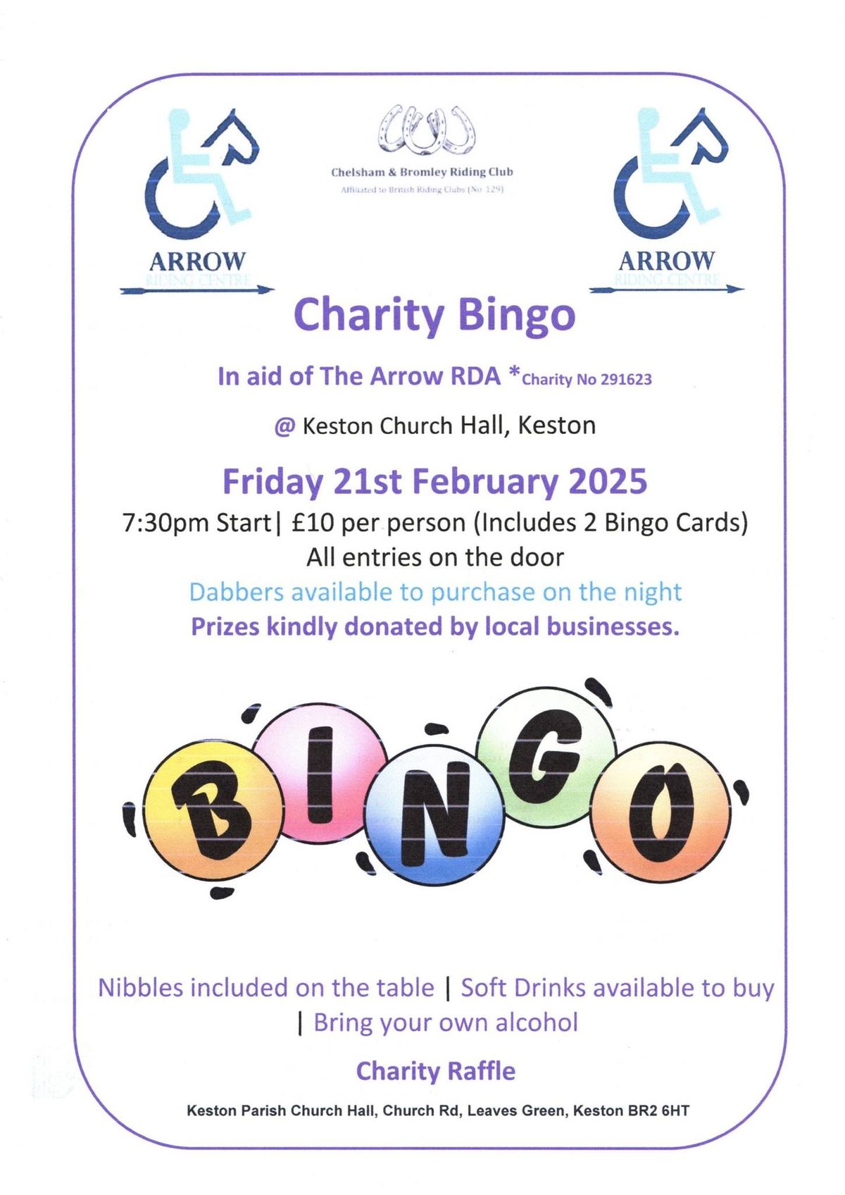 CBRC Charity Bingo - All proceeds to the Arrow Riding Centre for the Disabled 