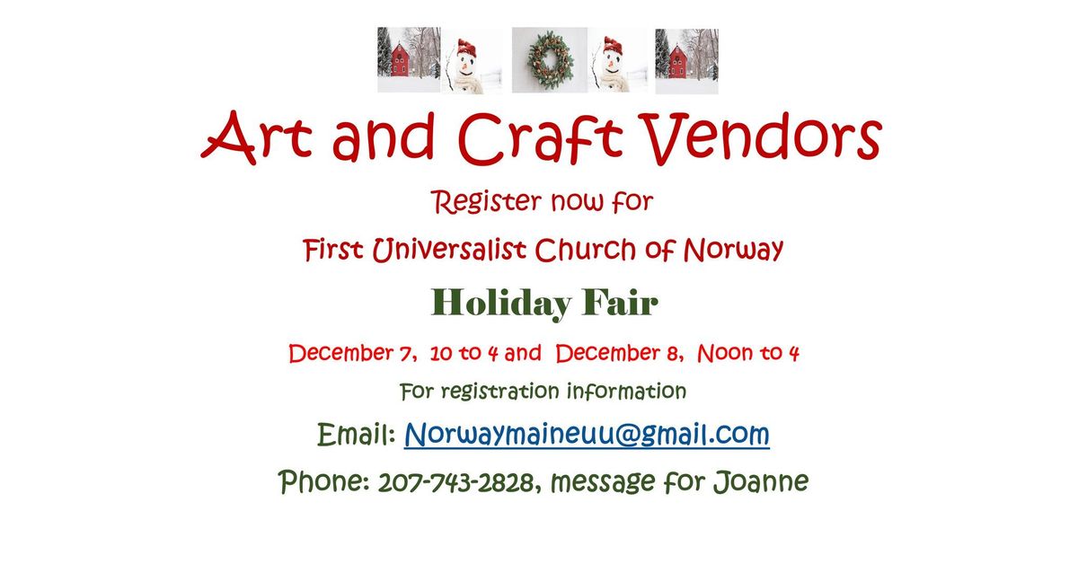 Art and Craft Vendors Register Now for Norway UU Holiday Fair