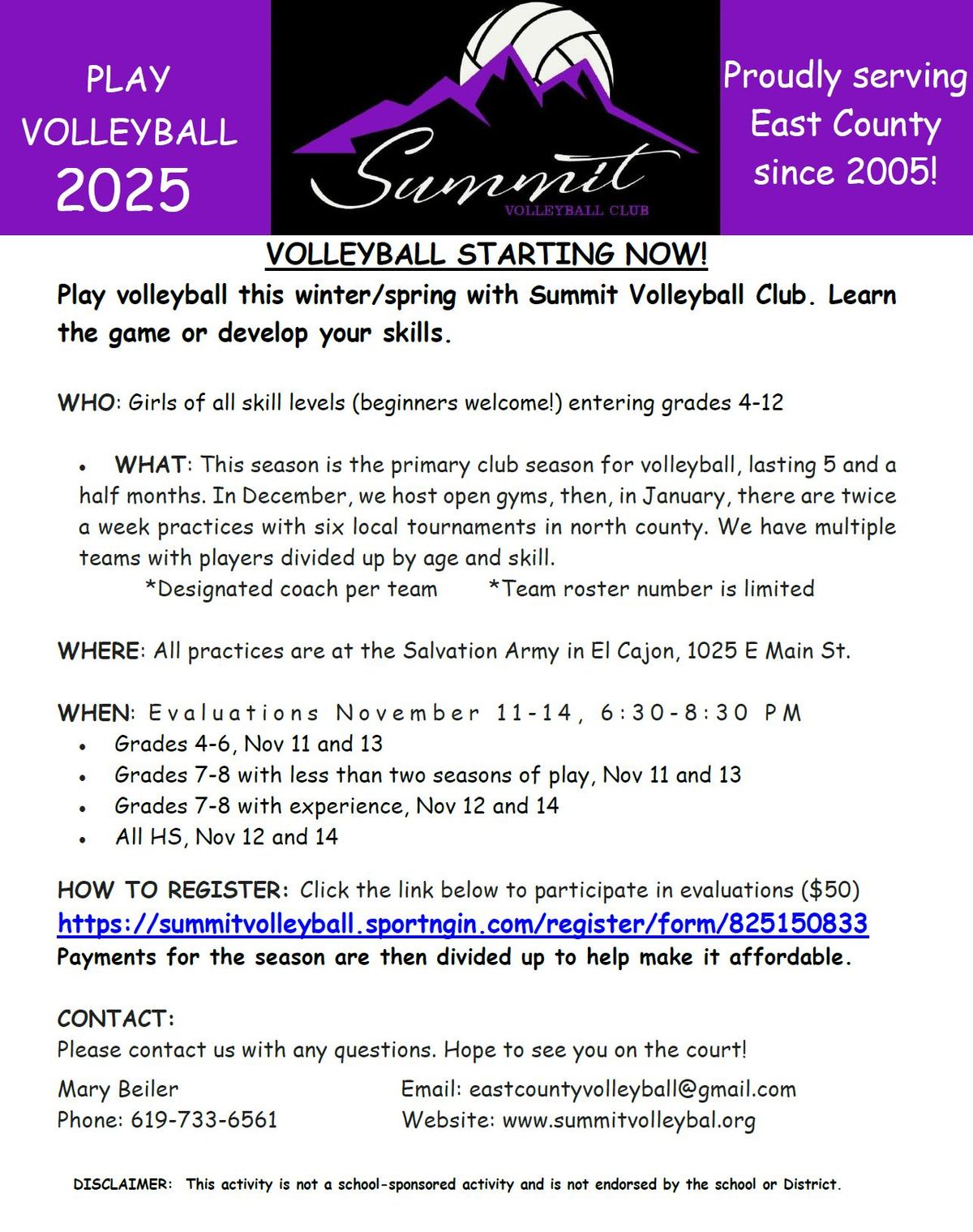 Summit Volleyball Club Evaluations