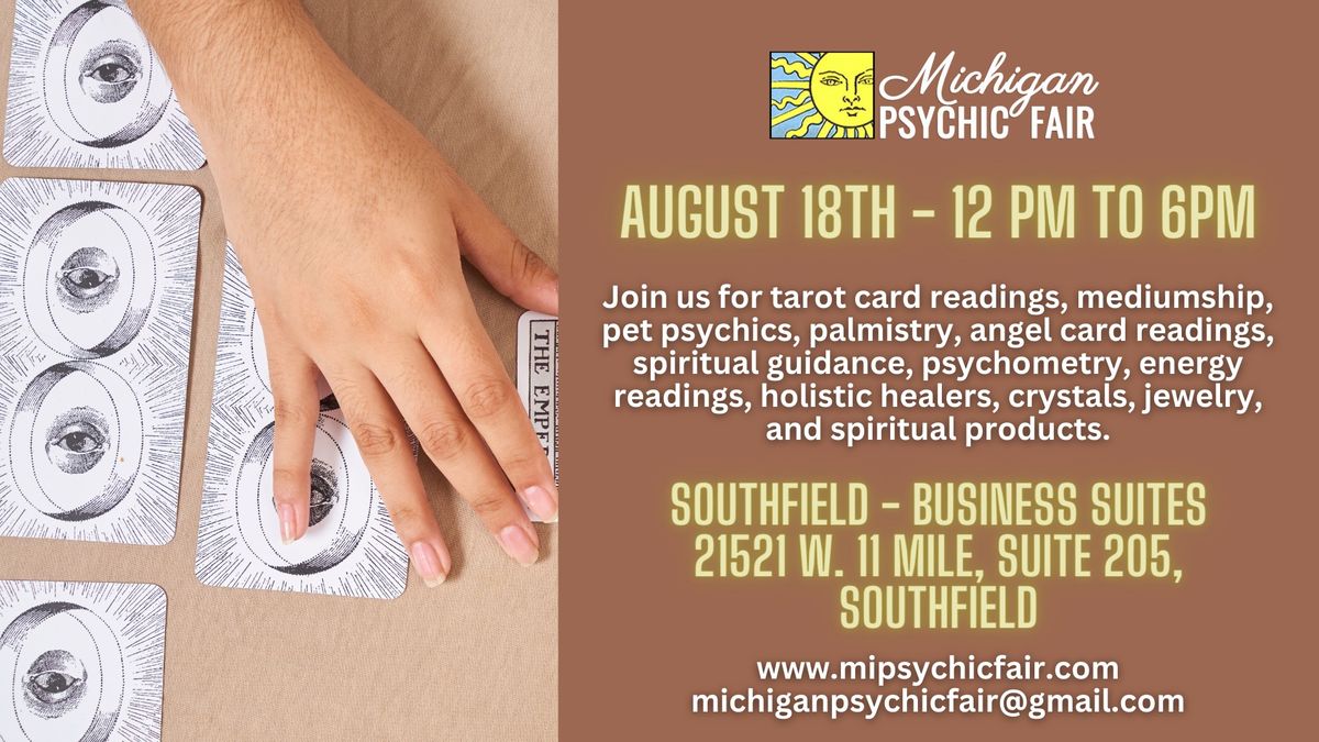 Michigan Psychic Fair August 18, 2024, Southfield, MI