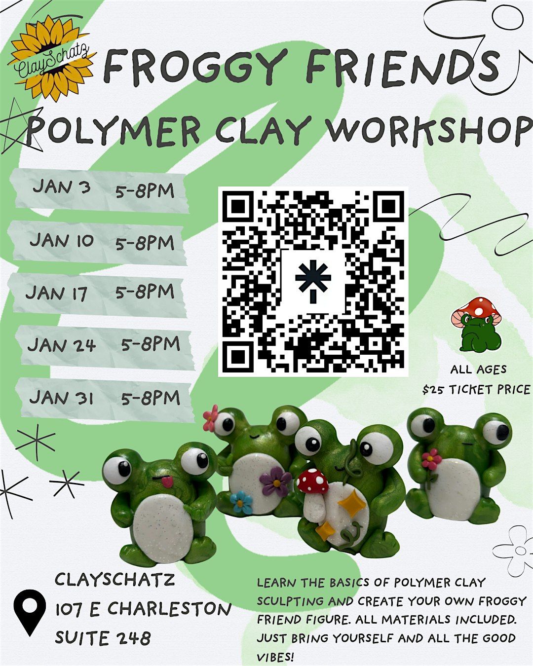 Froggy friends polymer clay workshop all ages arts and crafts