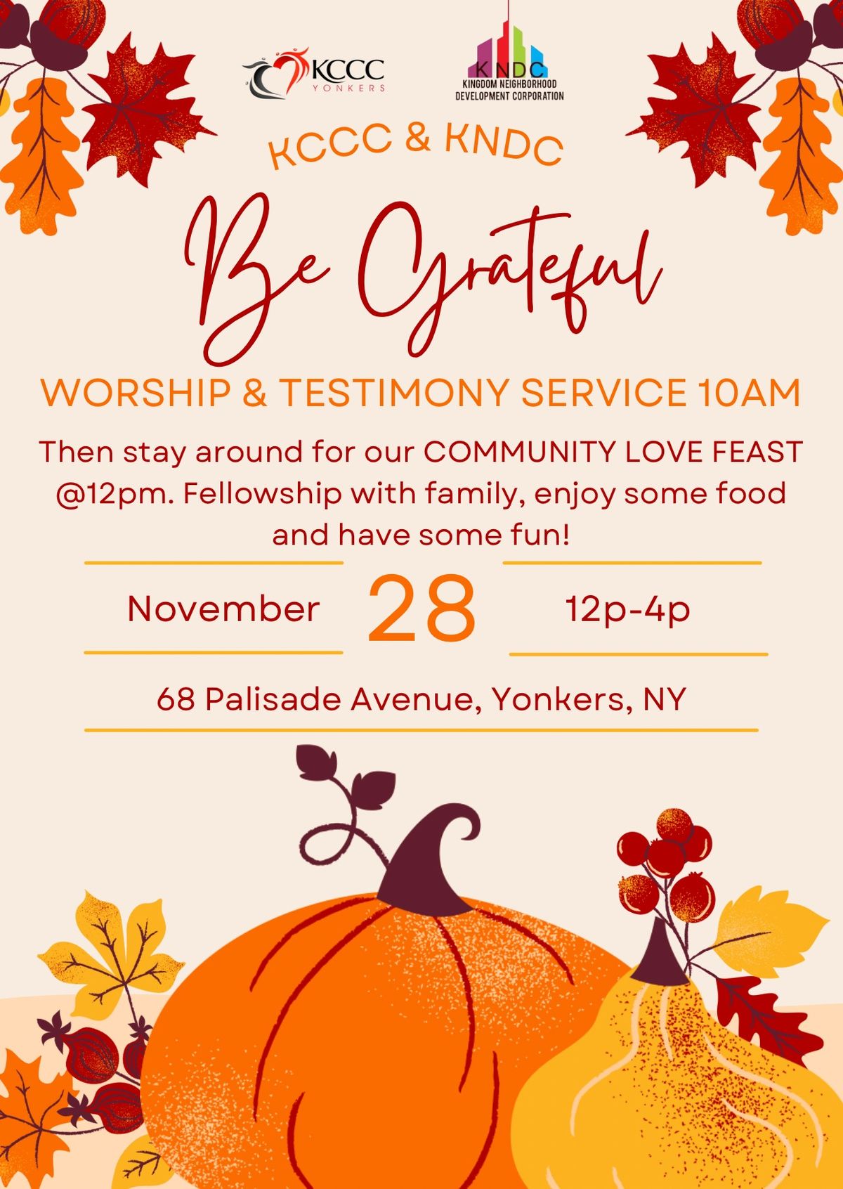 Annual 'Be Grateful' Testimony Service & Community Thanksgiving Dinner