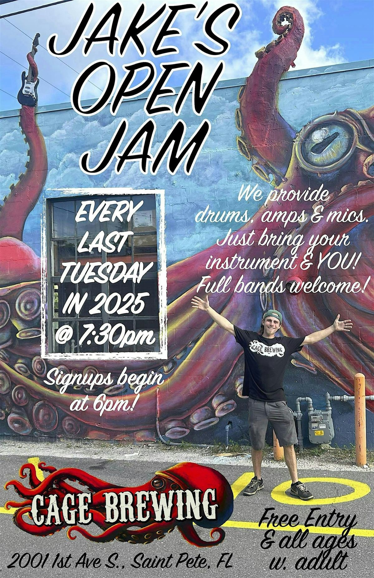 Jake's FREE Open Jam | Every LAST Tuesday in 2025 | Cage Brewing, Saint Pete | signups begin at 6pm