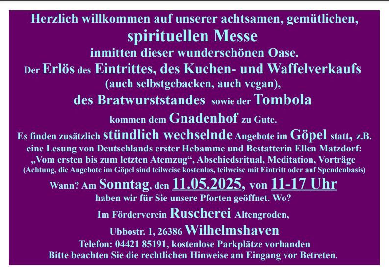 Spirituelle Messe in der Ruscherei Wilhelmshaven, am 11.05.2025 von 11-17 Uhr