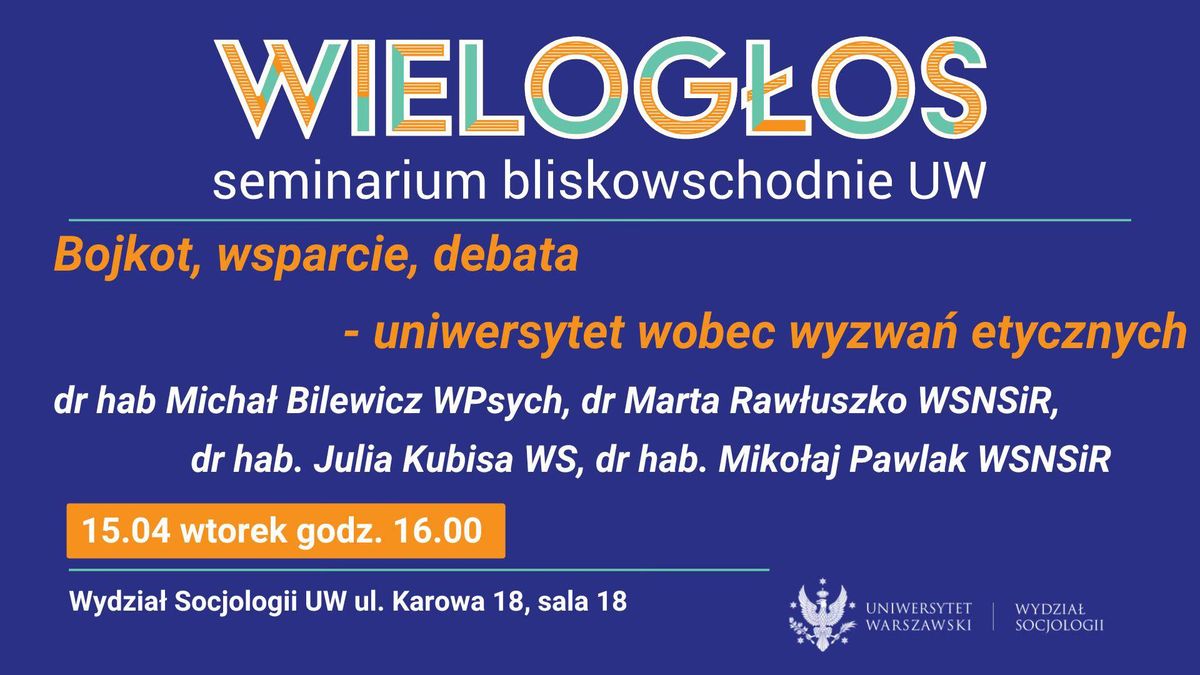 Bojkot, wsparcie, debata: uniwersytet wobec wyzwa\u0144 etycznych Wielog\u0142os seminarium bliskowschodnie UW