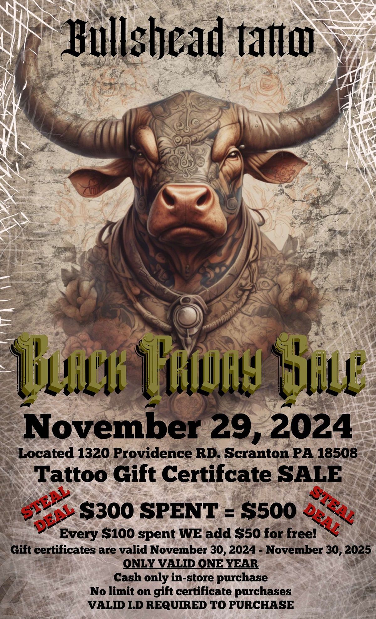 BULLSHEAD TATTOO Gift Certificate Sale BLACK FRIDAY