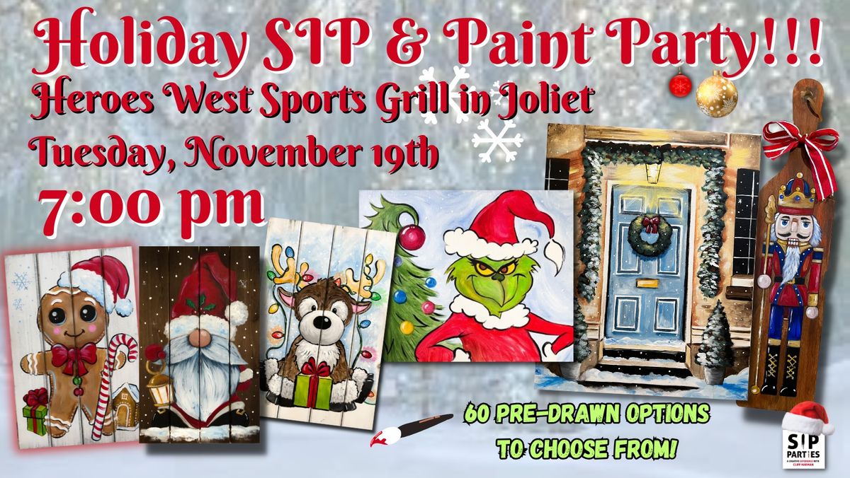 Pre-Drawn SIP & Paint Experience at Heroes West Sports Grill in Joliet! Tuesday, Nov. 19th! 7PM