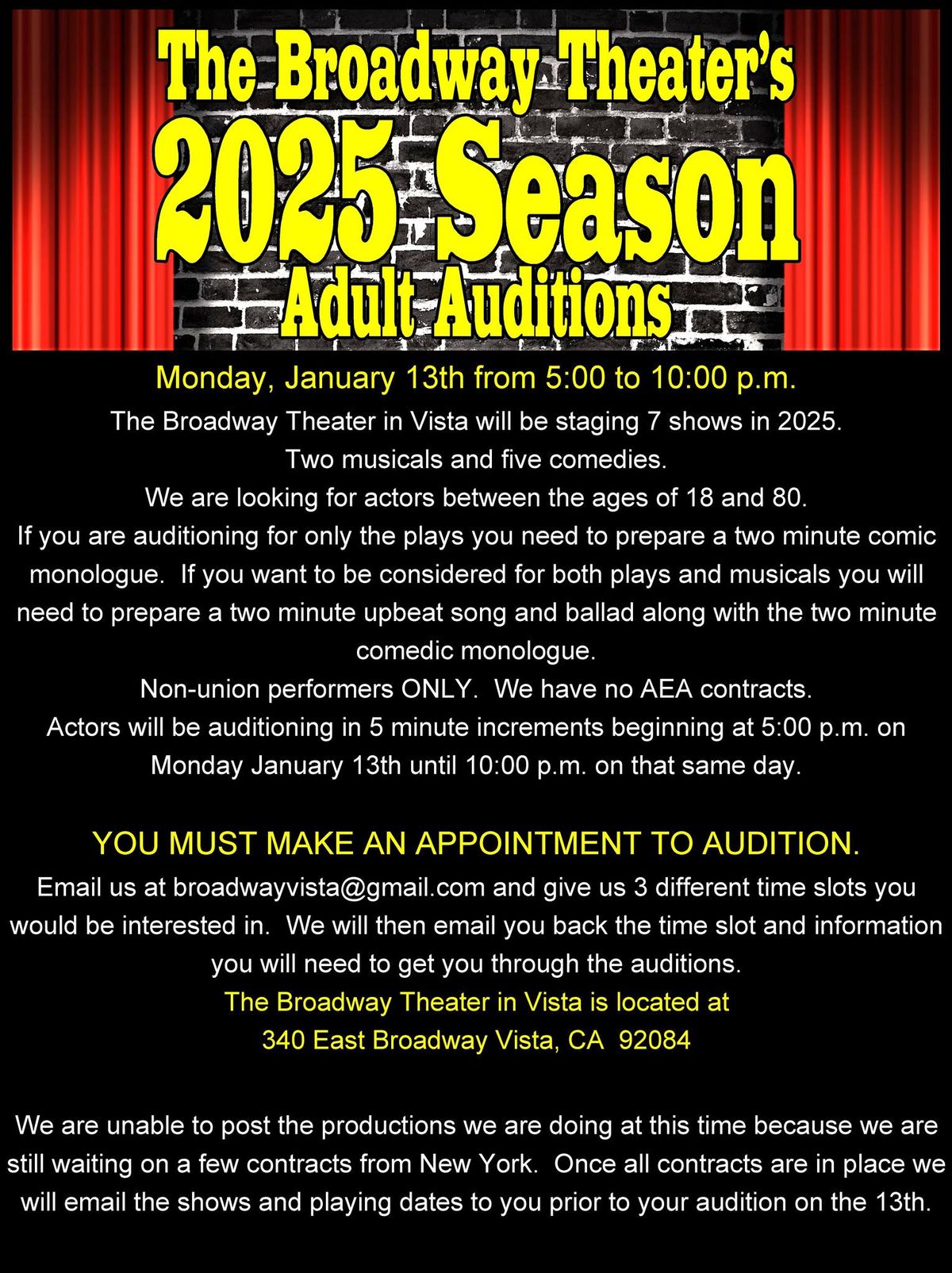 The Broadway Theater's 2025 Season Auditions!