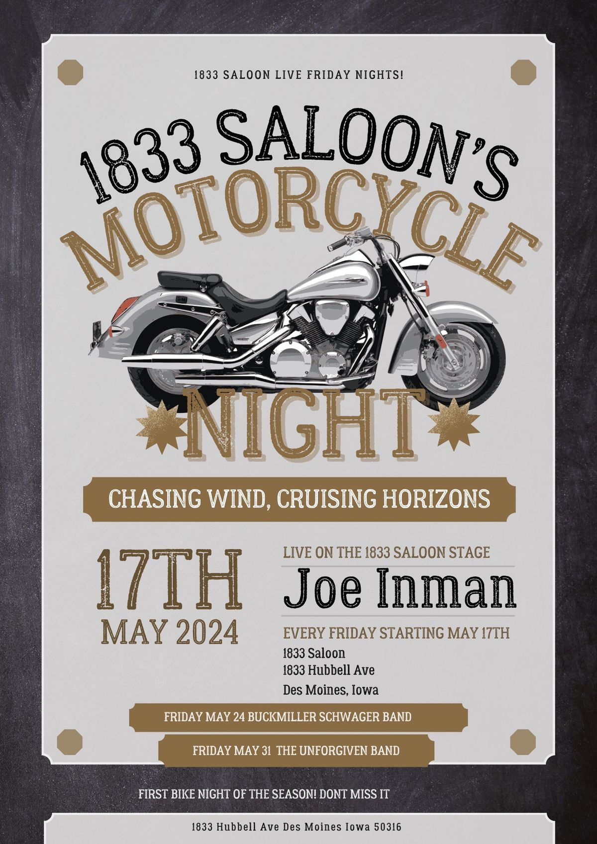 Joe Inman, LIVE at 1833 Saloon! And Bike Night!