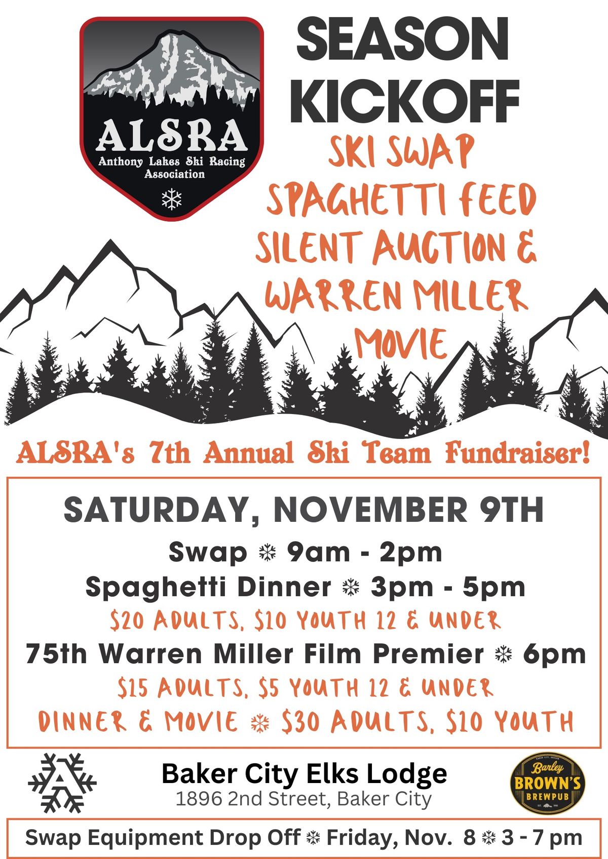 ALSRA Season Kickoff Ski Swap, Spaghetti Feed, Silent Auction & Warren Miller Movie