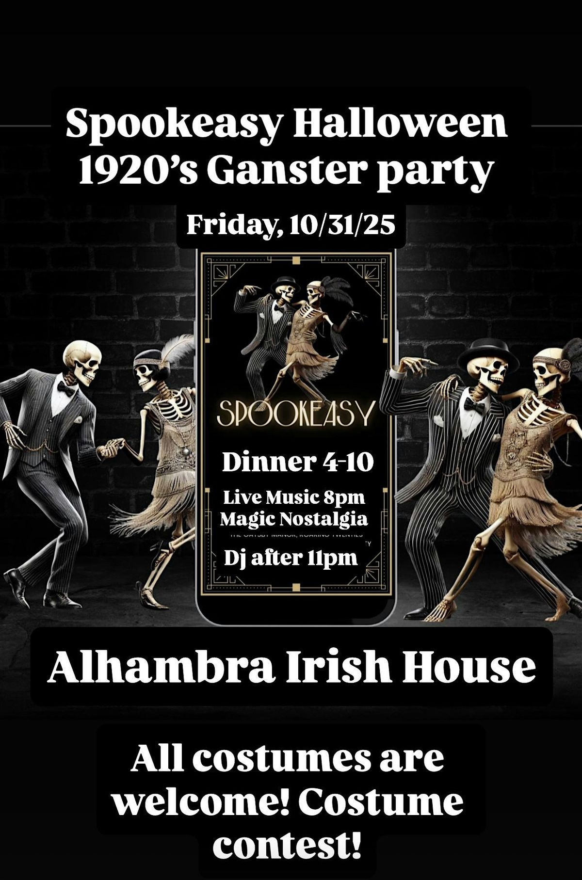 Spookeasy 1920s Gansters Halloween Party. Food, drinks , Live Music and Dj
