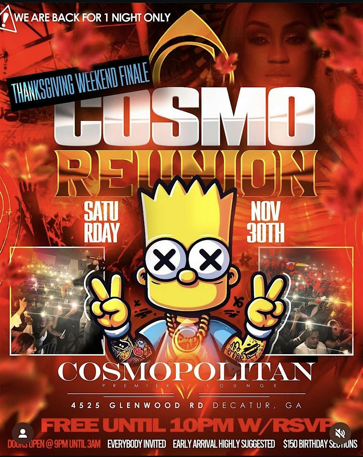 COSMO REUNION NOVEMBER 30TH THANKSGIVING WEEKEND FINALE 1 NIGHT ONLY