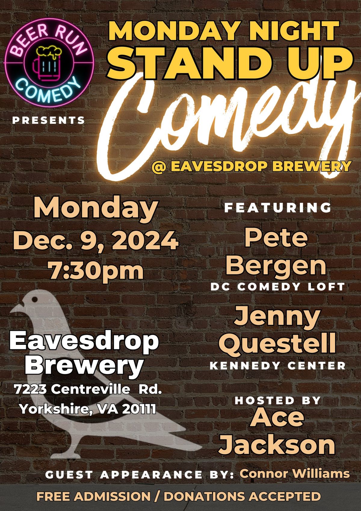 Beer Run Comedy presents: Monday Night Stand Up Comedy at Eavesdrop Brewery