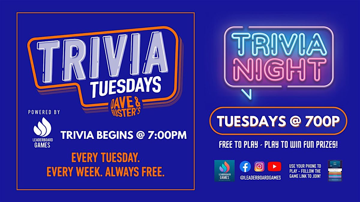 Trivia Night | Dave & Buster's Staten Island NY - TUE 7p @LeaderboardGames