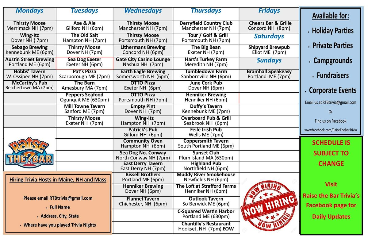 Raise the Bar Trivia Tuesdays at 7 at the Thirsty Moose Dover