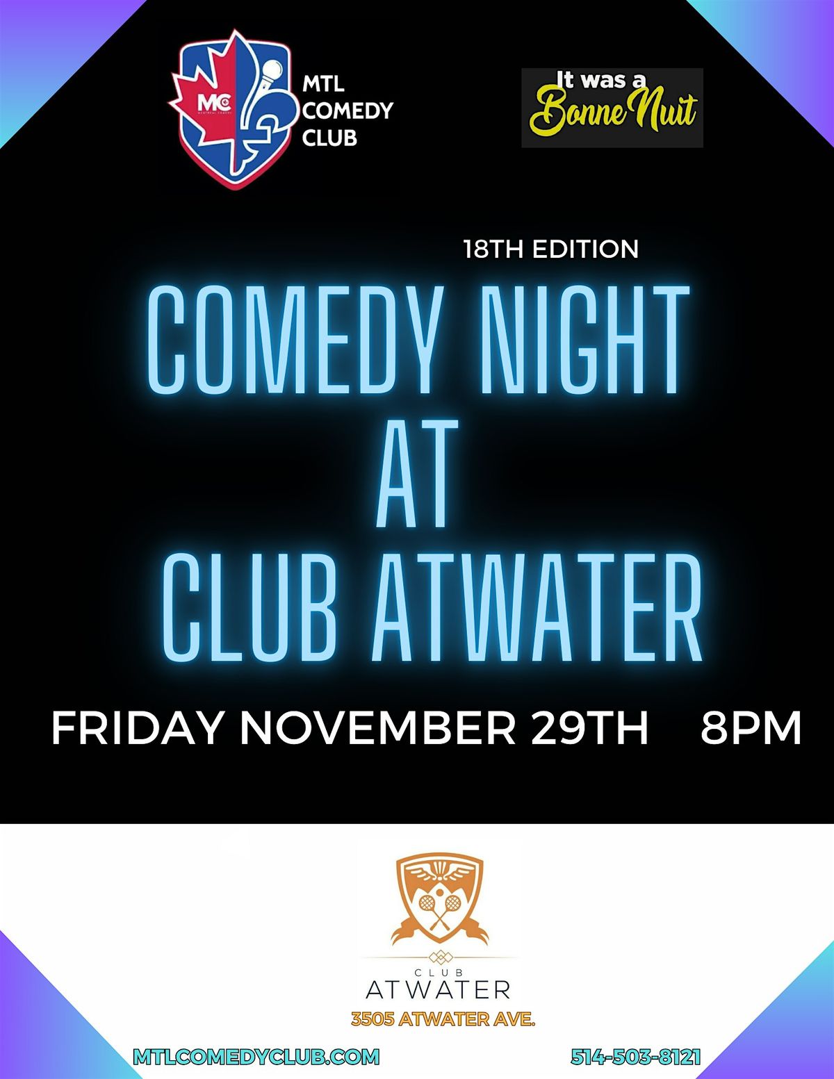 COMEDY NIGHT AT CLUB ATWATER ( ENGLISH STAND-UP COMEDY ) MTLCOMEDYCLUB.COM