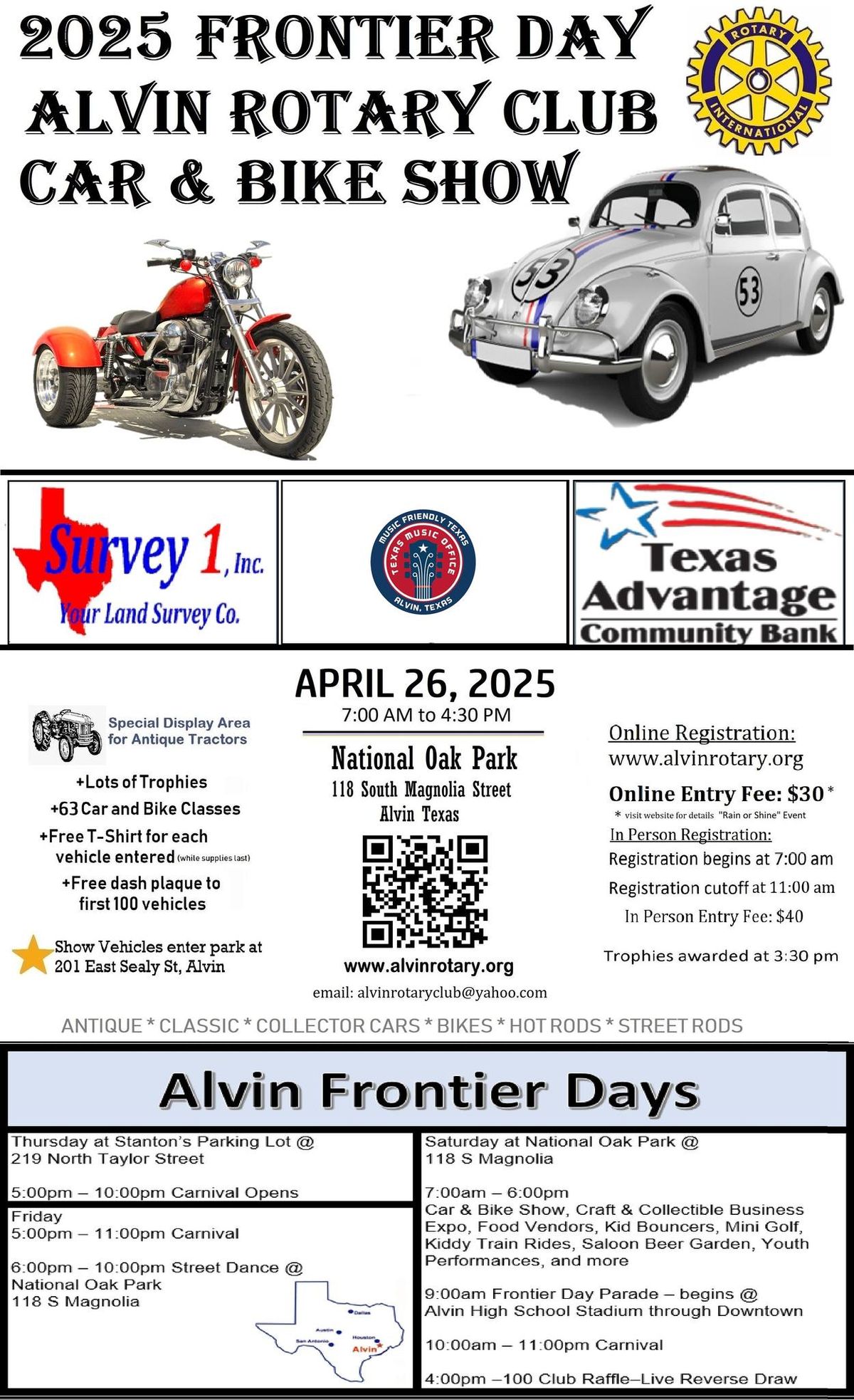 Save the Date - Alvin Rotary Club 51st Annual Frontier Day Car and Bike Show